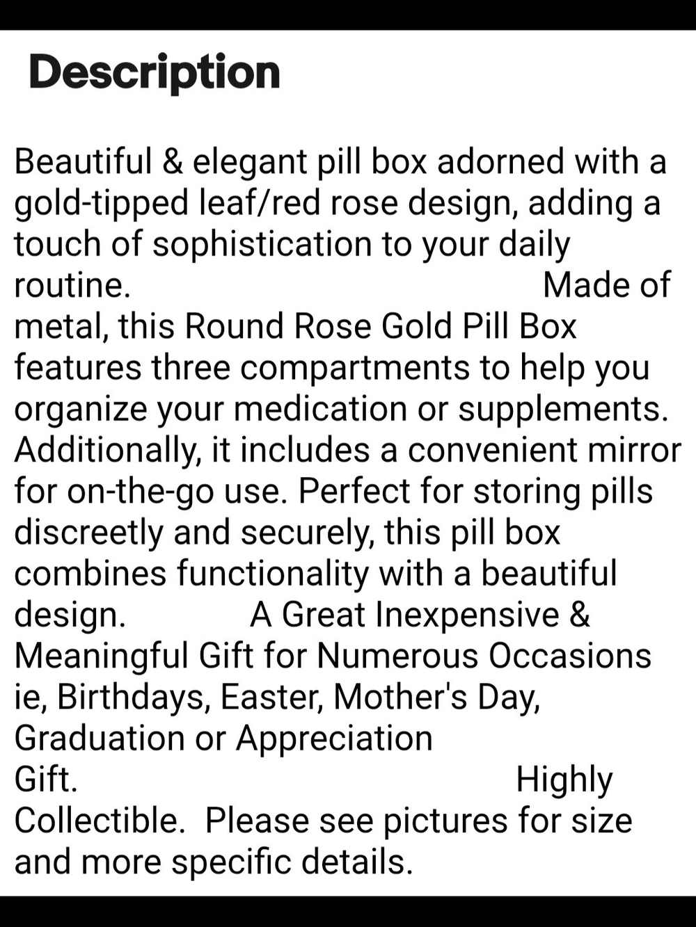 Elegant Rose Gold Case W/Red Rose Personal Pill Box W/3 Compartments & Mirror. - Picture 3 of 8